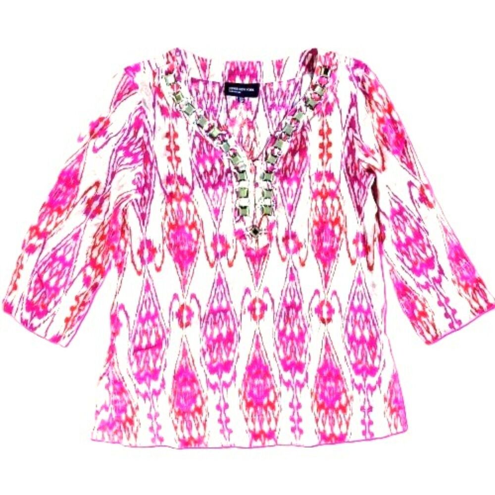 Jones New York Signature Women’s Embellished Ikat Print Tunic Top Size S Linen